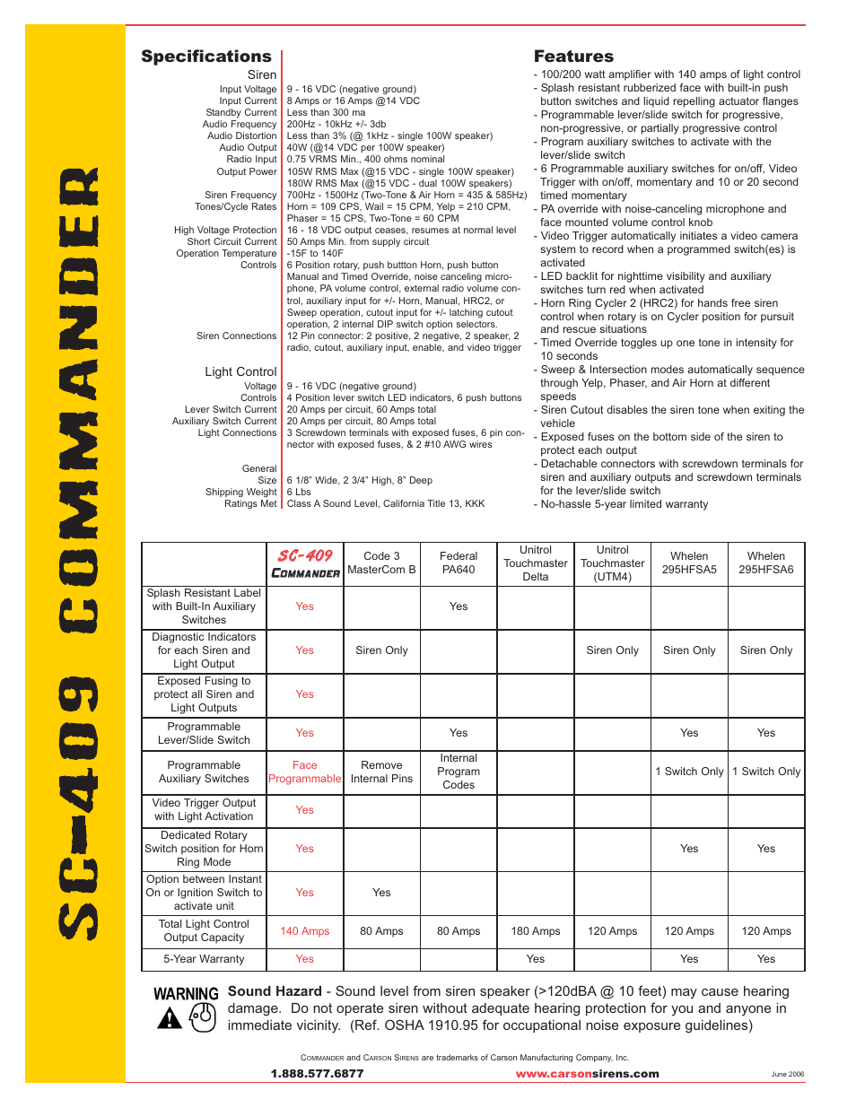 Specifications, Features, Ss cc 00 99 cc | Carson Commander SC-409 User Manual | Page 2 / 2