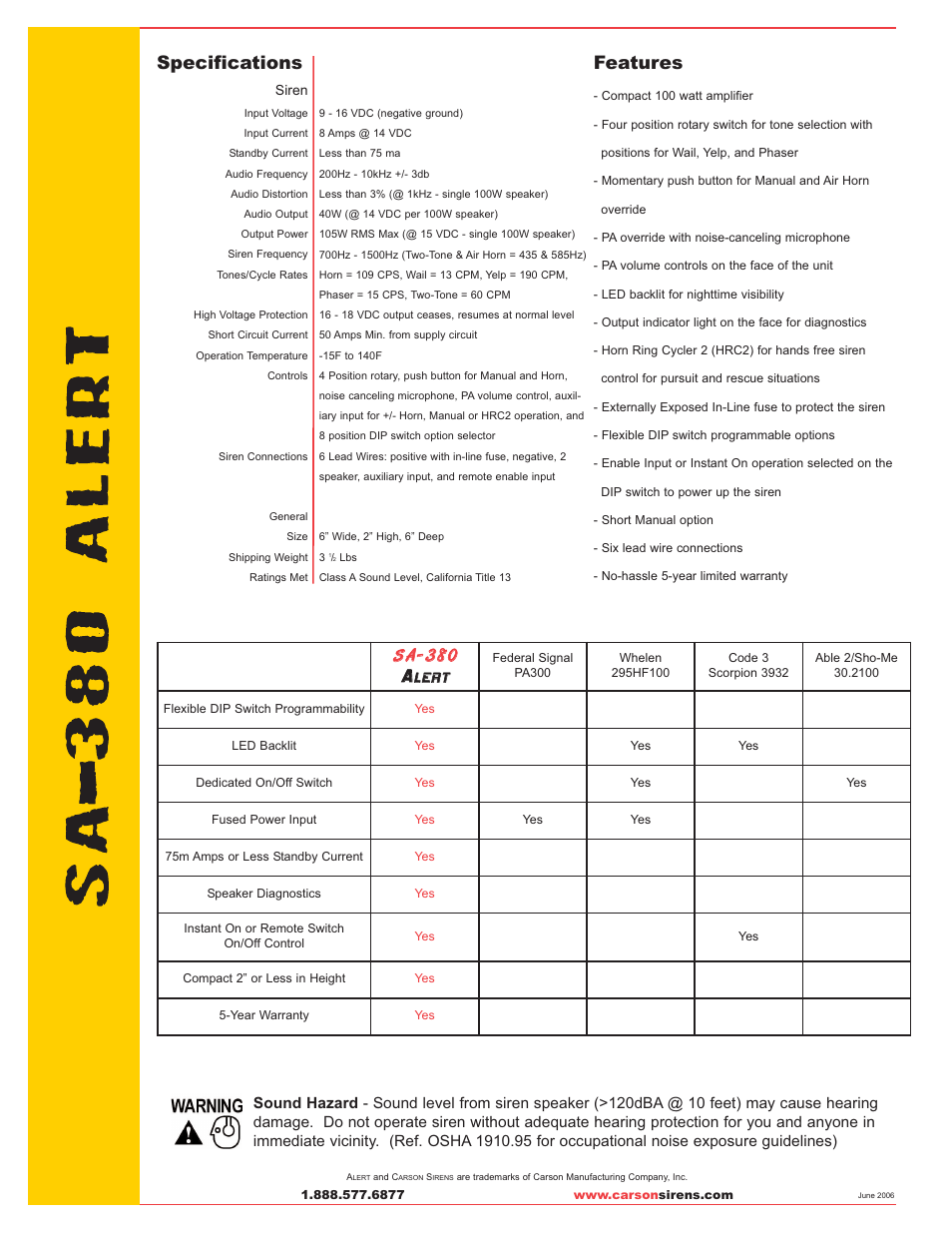 Specifications, Features, Ss aa 88 00 | Lleerrtt | Carson SA-380 User Manual | Page 2 / 2