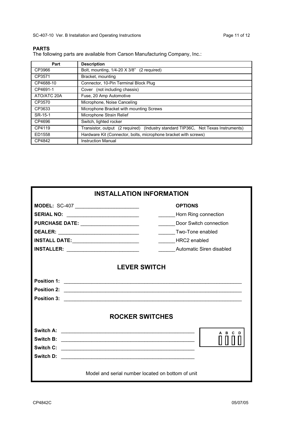 Installation information, Lever switch, Rocker switches | Carson SC-407 User Manual | Page 11 / 12