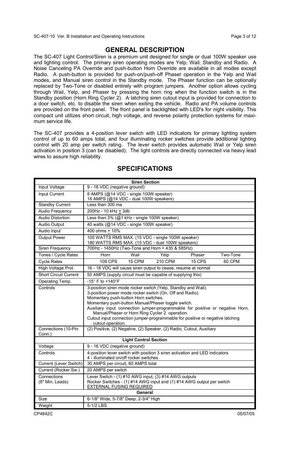 General description, Specifications | Carson SC-407 User Manual | Page 3 / 12