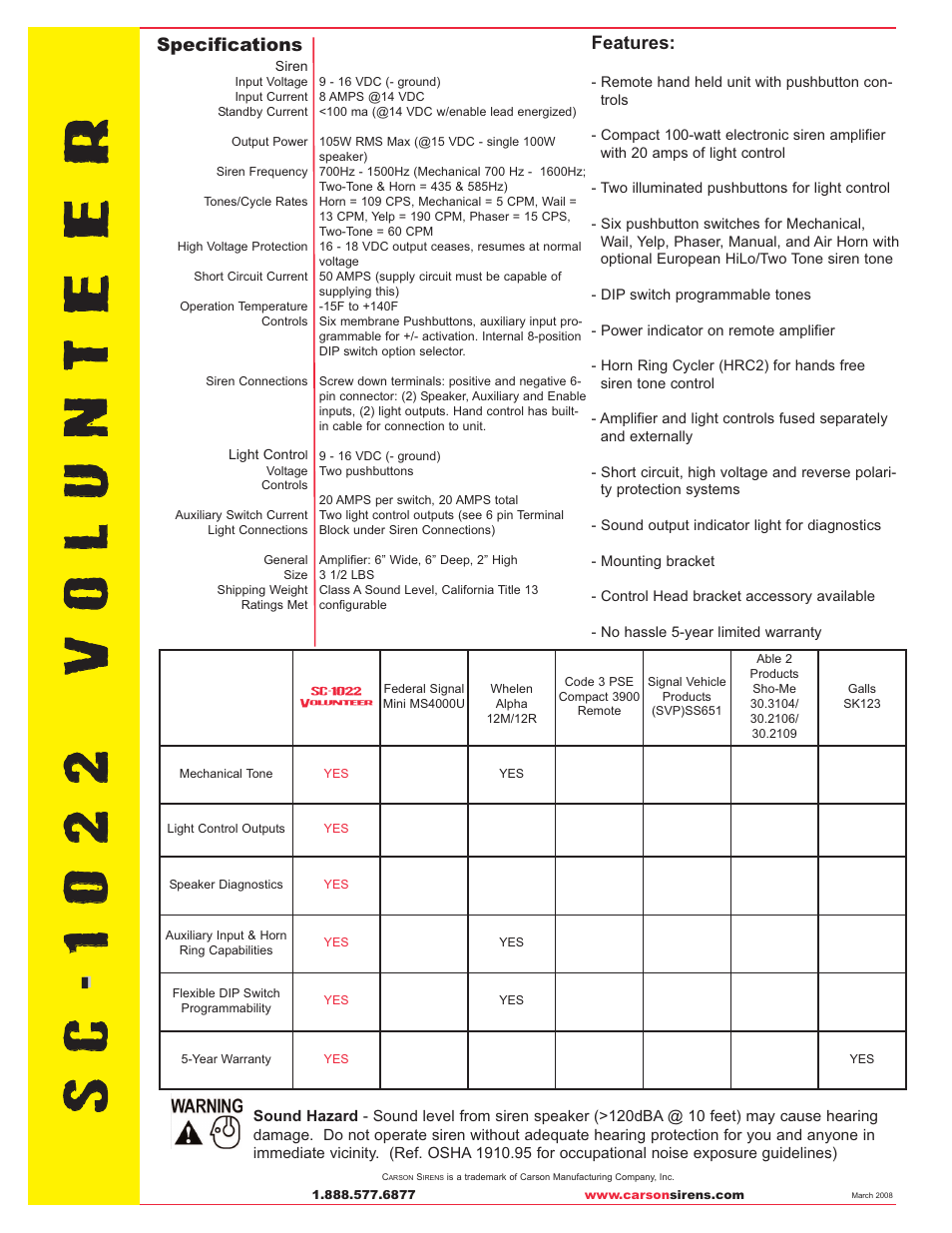 Specifications, Features | Carson Volunteer SC-1022 User Manual | Page 2 / 2