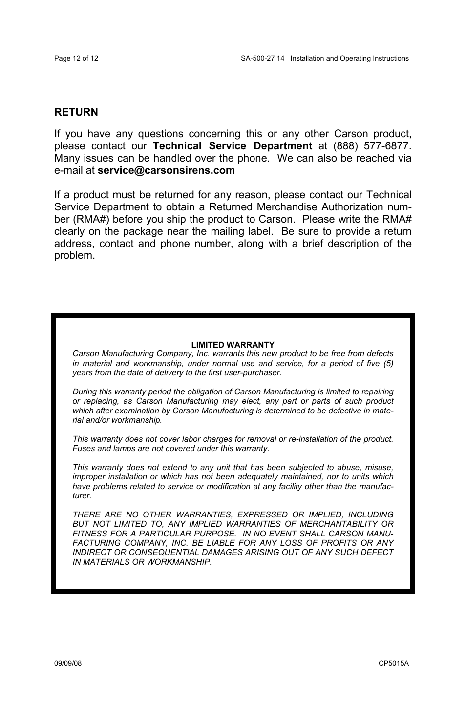 Return | Carson SA-500-27 User Manual | Page 12 / 12