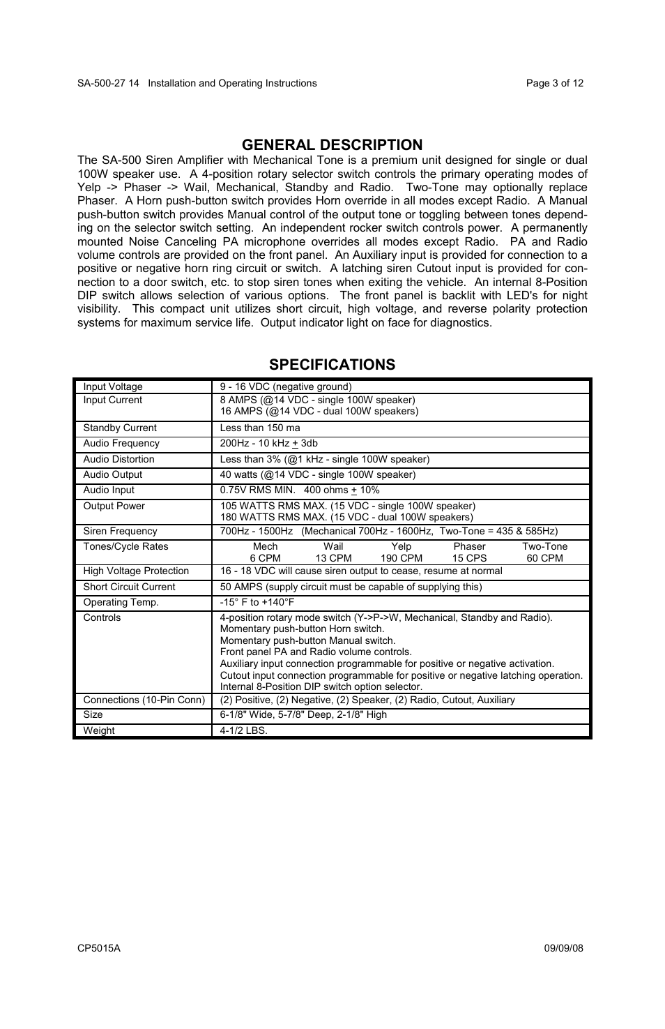 General description, Specifications | Carson SA-500-27 User Manual | Page 3 / 12