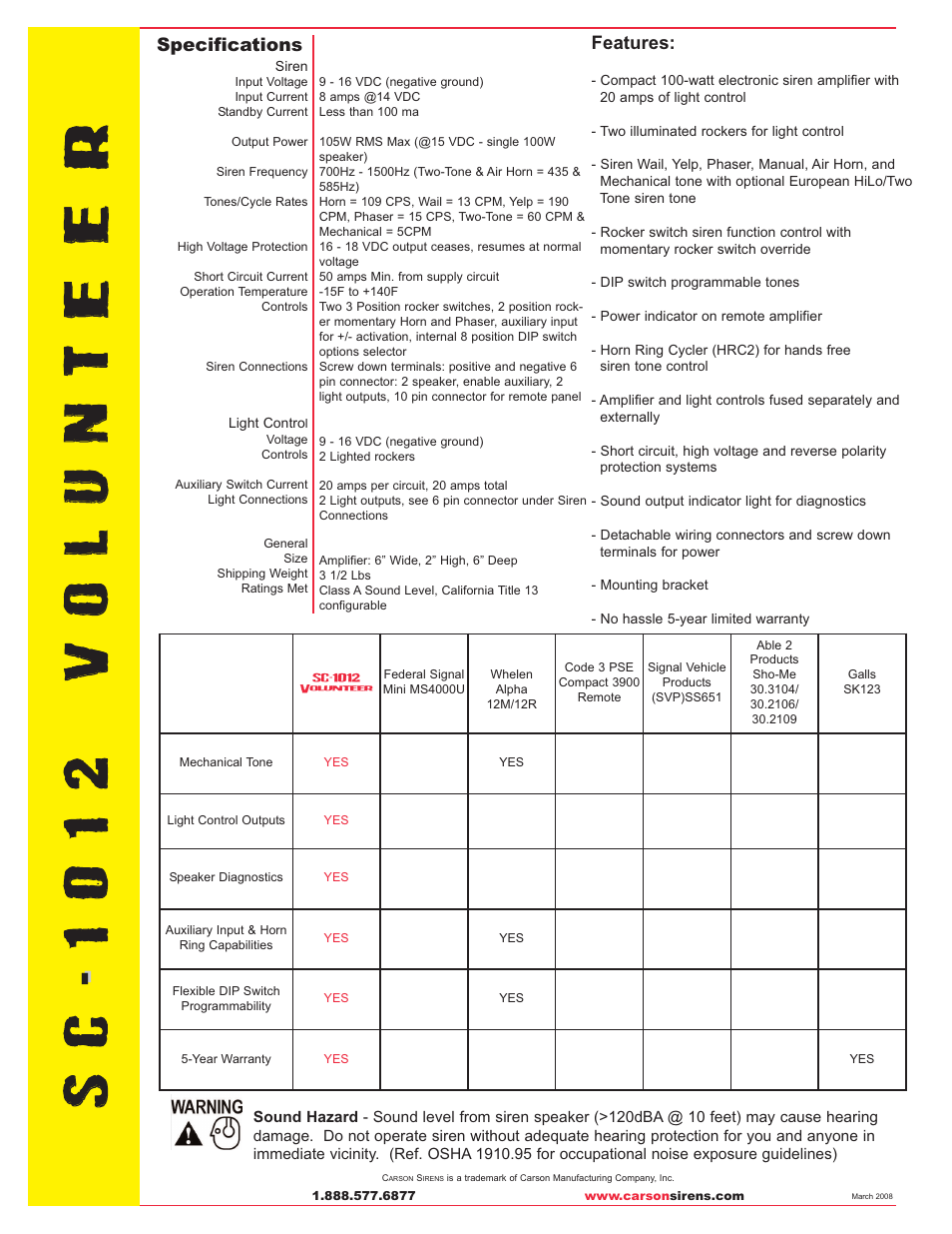 Specifications, Features | Carson SC-1012 User Manual | Page 2 / 2