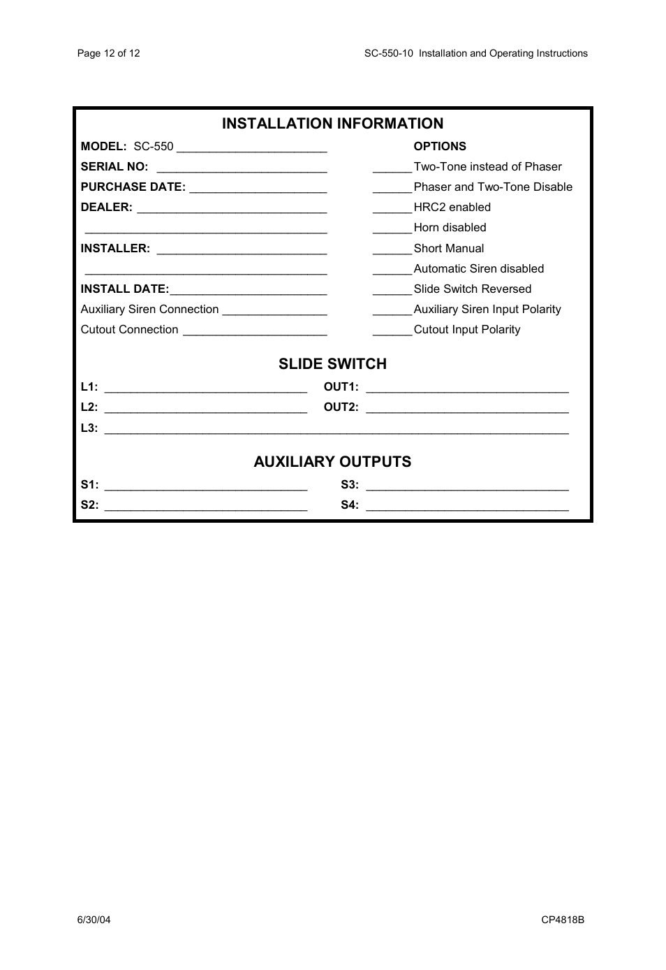 Installation information, Slide switch, Auxiliary outputs | Carson SC-550-10 User Manual | Page 12 / 12
