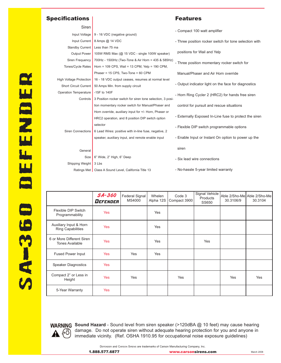 Specifications, Features, Ss aa 66 00 | Eef fe en nd de er r | Carson Defender SA-360 User Manual | Page 2 / 2