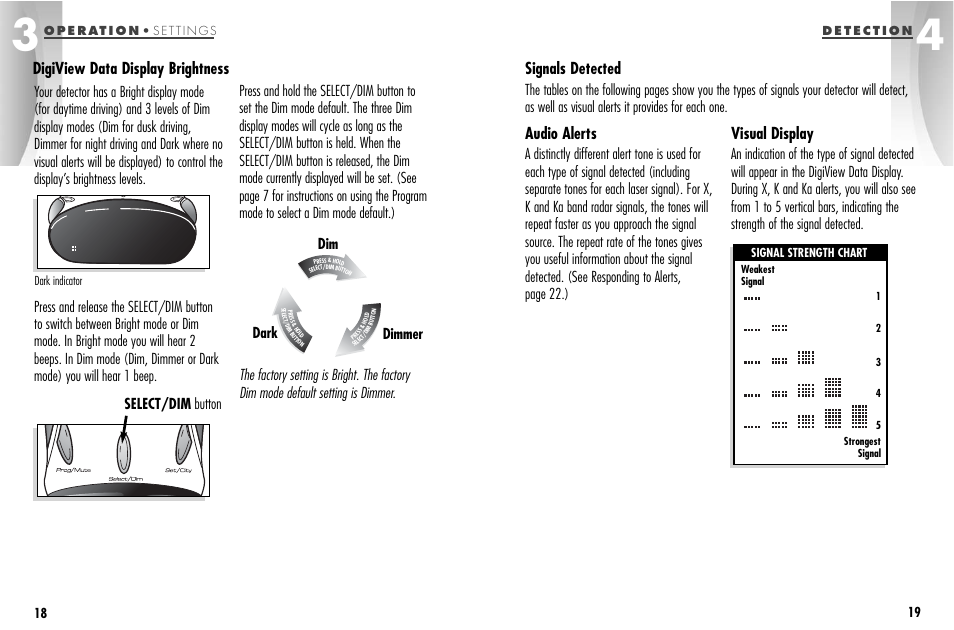 Audio alerts, Visual display, Digiview data display brightness | Signals detected, Select/dim button, Dark dim dimmer | Cobra Electronics ESD-9570 User Manual | Page 13 / 21