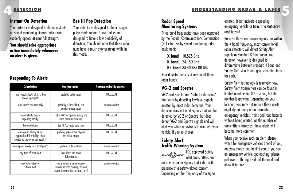 Radar speed monitoring systems, Vg-2 and spectre, Safety alert traffic warning system | Responding to alerts, Instant-on detection, Bee iii pop detection | Cobra Electronics ESD-9570 User Manual | Page 15 / 21