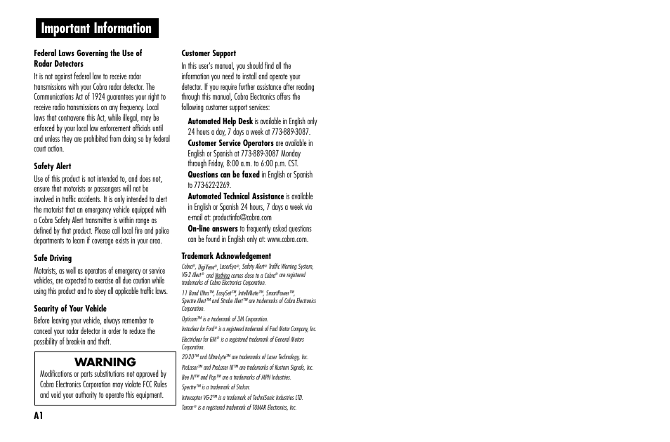 Important information, Warning | Cobra Electronics ESD-9570 User Manual | Page 2 / 21