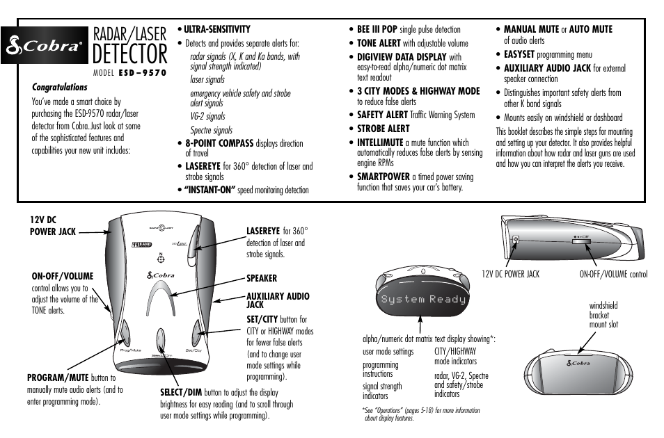 Detector, Radar/laser | Cobra Electronics ESD-9570 User Manual | Page 3 / 21