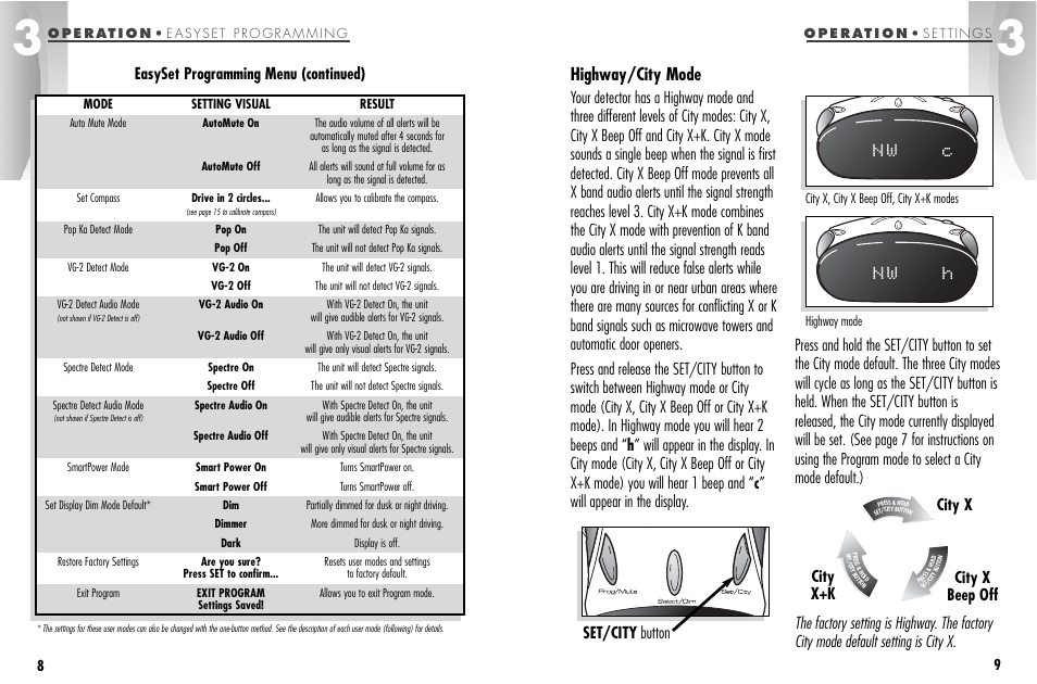 Highway/city mode, Set/city button, City x+k city x city x beep off | Easyset programming menu (continued) | Cobra Electronics ESD-9570 User Manual | Page 8 / 21