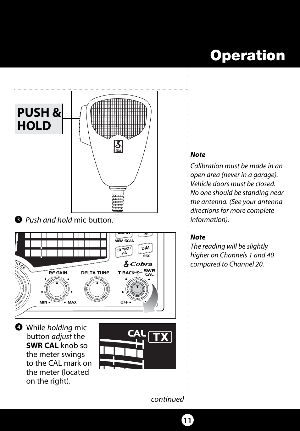 Operation, Push & hold, 11 continued | Push and hold .mic.button | Cobra Electronics 29 LX LE User Manual | Page 11 / 47