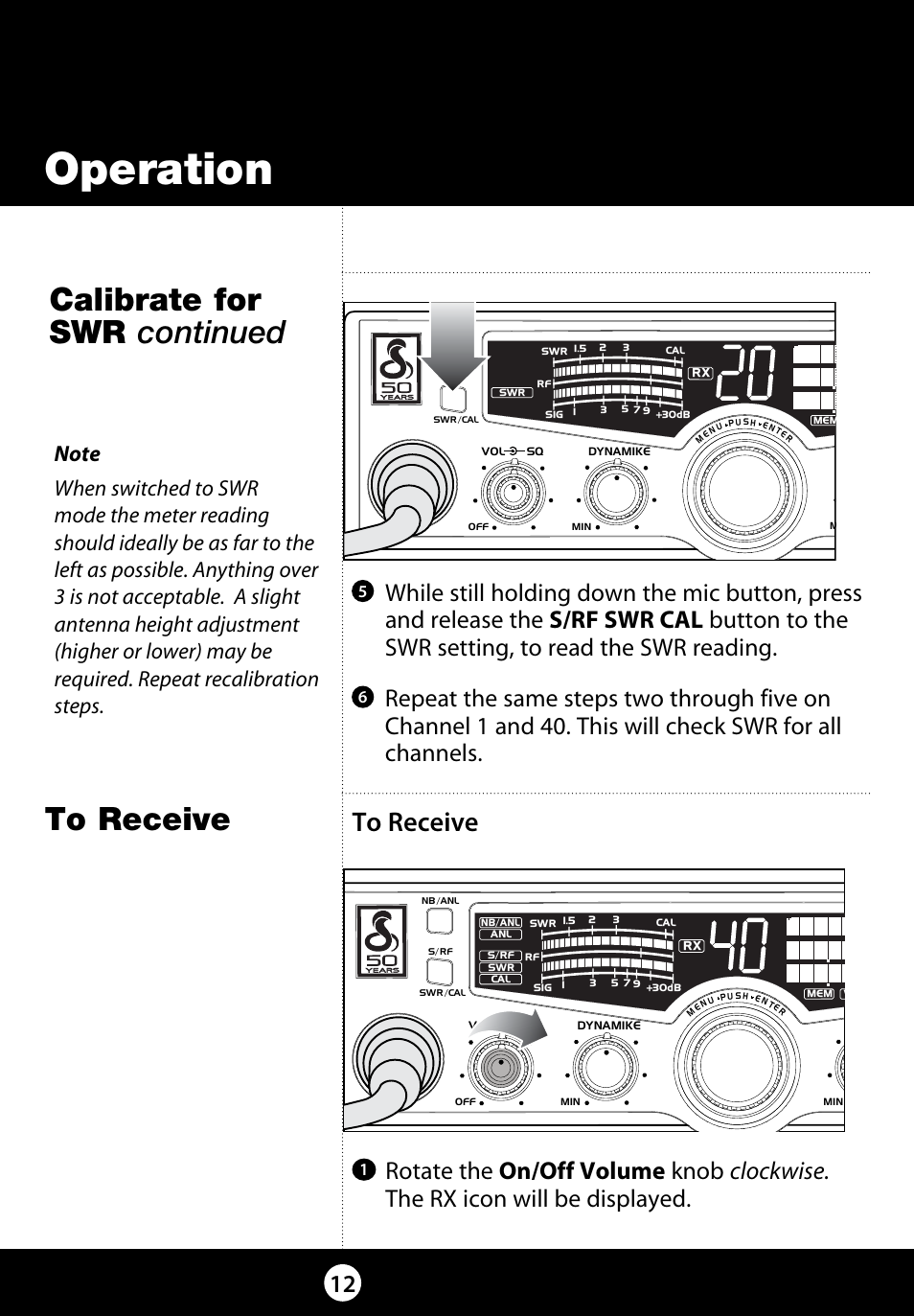 Operation, Calibrate for swr continued | Cobra Electronics 29 LX LE User Manual | Page 12 / 47