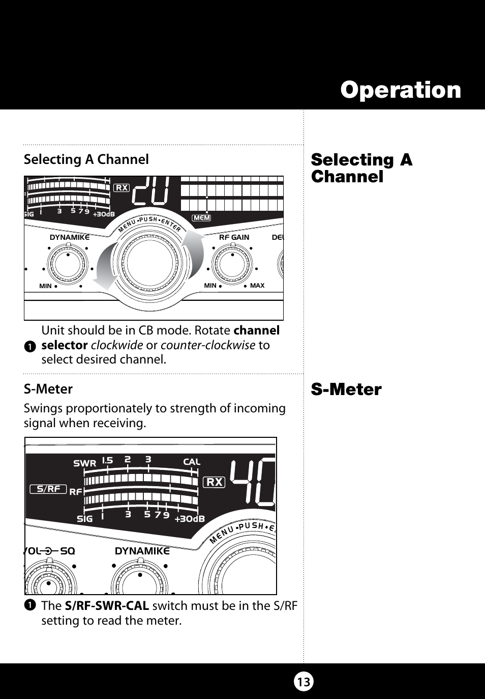 Operation, S-meter, Selecting a channel | Cobra Electronics 29 LX LE User Manual | Page 13 / 47