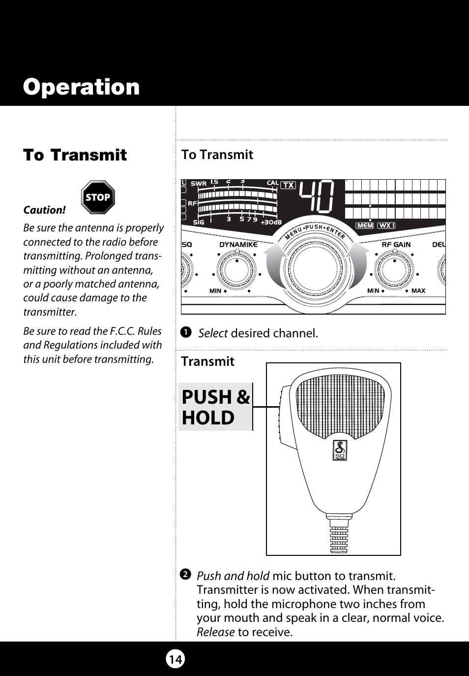 Operation, Push & hold | Cobra Electronics 29 LX LE User Manual | Page 14 / 47