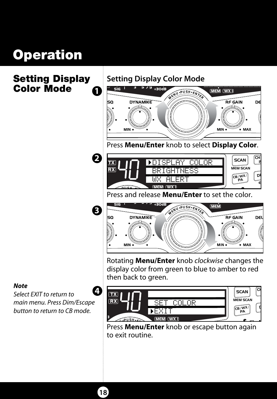 Operation, Setting display color mode, Display color brightness wx alert | Set color exit | Cobra Electronics 29 LX LE User Manual | Page 18 / 47