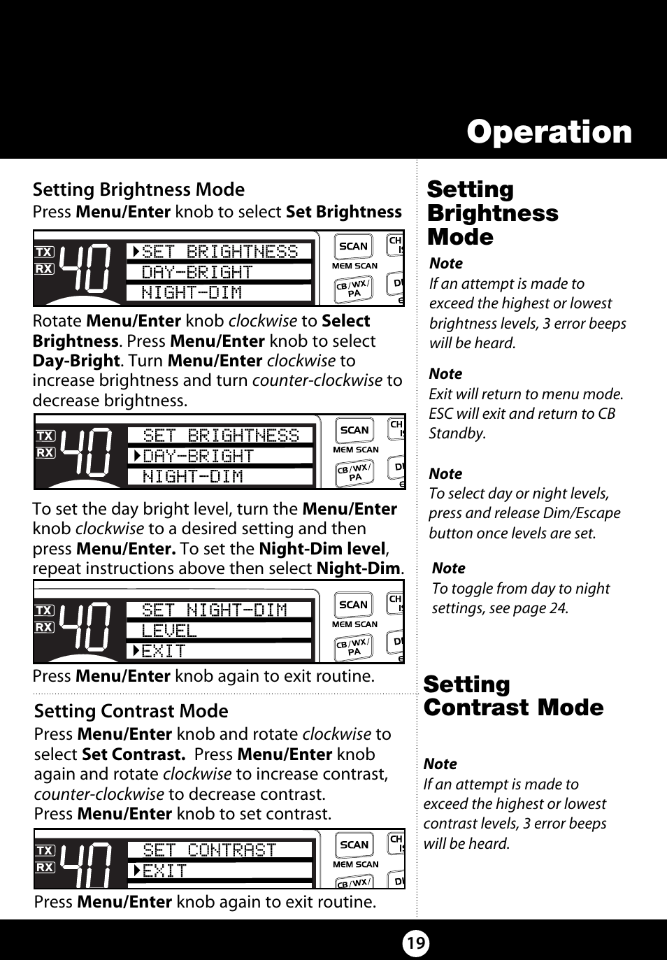 Operation, Setting brightness mode, Weather auto scan | Setting contrast mode | Cobra Electronics 29 LX LE User Manual | Page 19 / 47