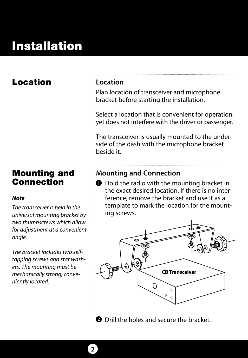 Installation, Location, Mounting and connection | Cobra Electronics 29 LX LE User Manual | Page 2 / 47