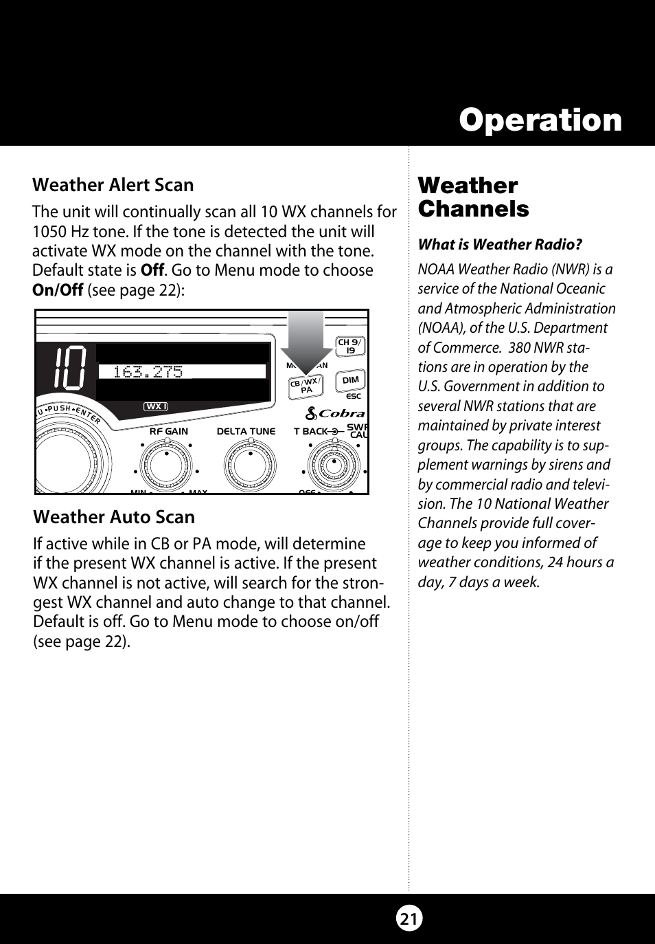 Operation, Weather channels, Weather alert scan | Weather auto scan | Cobra Electronics 29 LX LE User Manual | Page 21 / 47