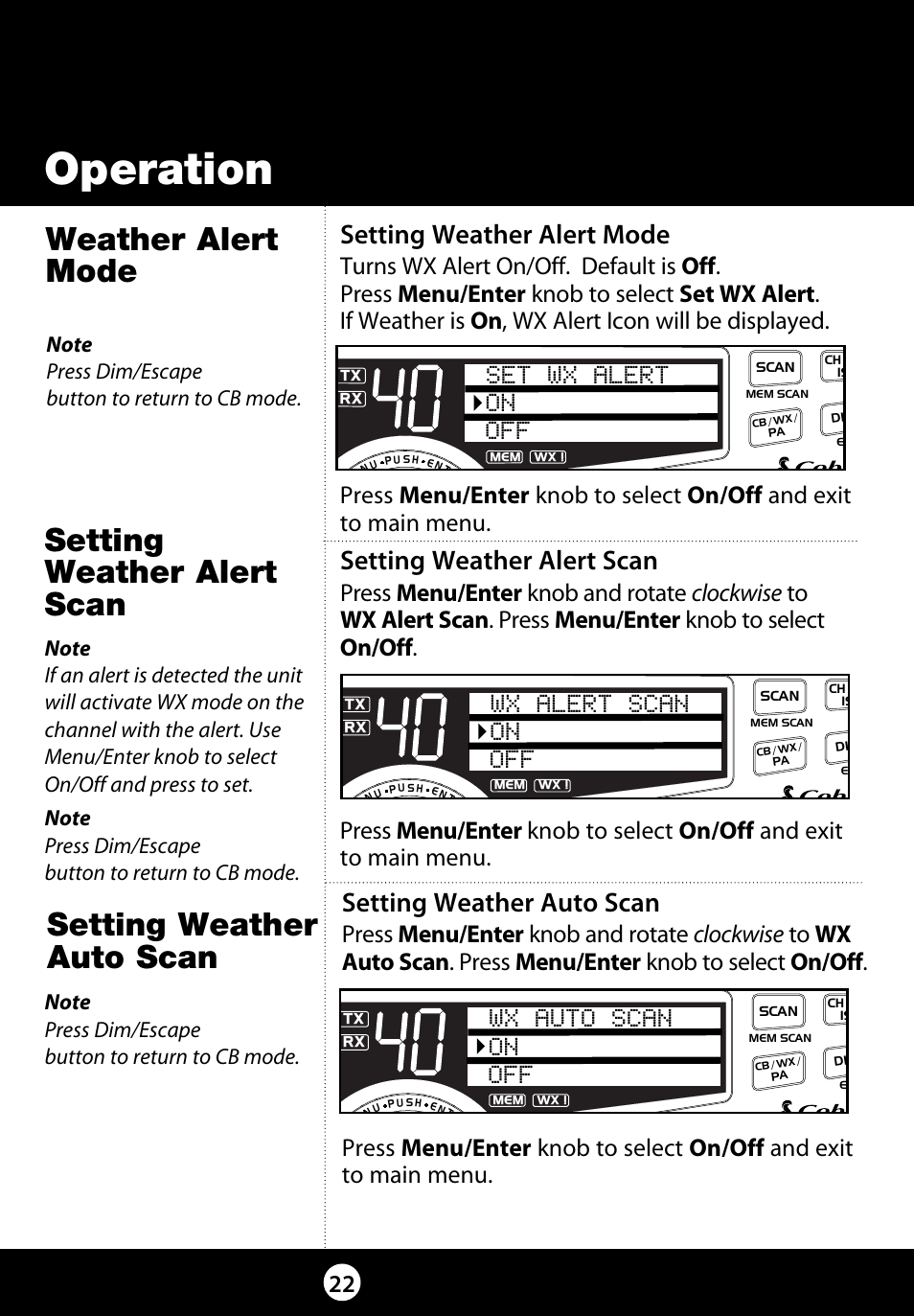 Operation, Weather alert mode, Setting weather auto scan | Wx auto scan on off, Setting weather alert scan, Wx alert scan on off, Setting weather alert mode, Set wx alert on off | Cobra Electronics 29 LX LE User Manual | Page 22 / 47