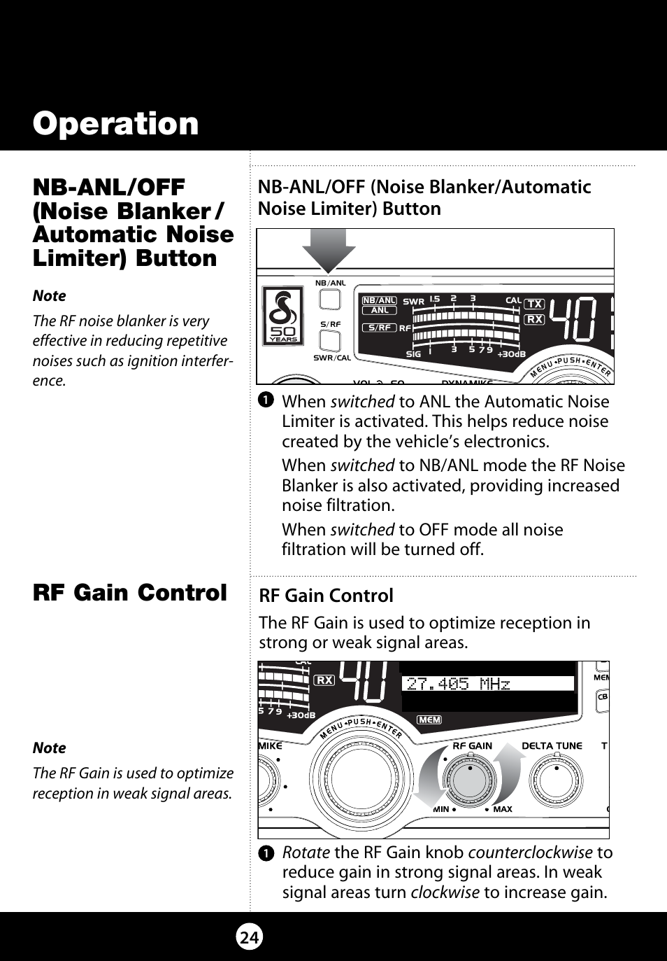 Operation, Rf gain control | Cobra Electronics 29 LX LE User Manual | Page 24 / 47