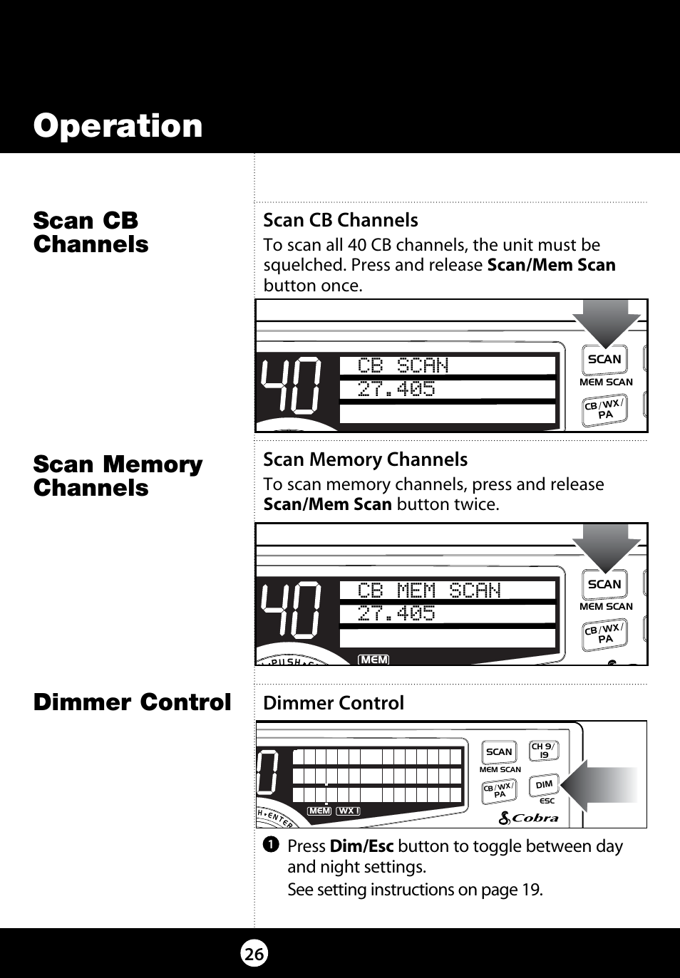 Operation, Dimmer control, Scan cb channels | Cobra Electronics 29 LX LE User Manual | Page 26 / 47