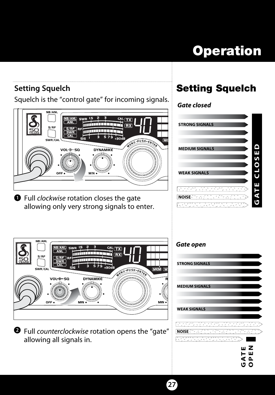 Operation, Setting squelch, Squelch.is.the.“control.gate”.for.incoming.signals | Cobra Electronics 29 LX LE User Manual | Page 27 / 47