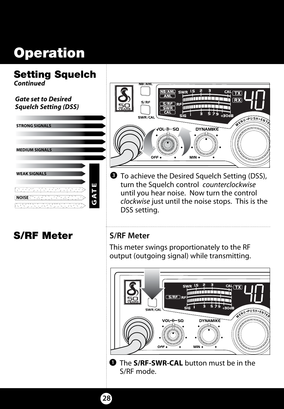 Operation, S/rf meter, Setting squelch | Cobra Electronics 29 LX LE User Manual | Page 28 / 47