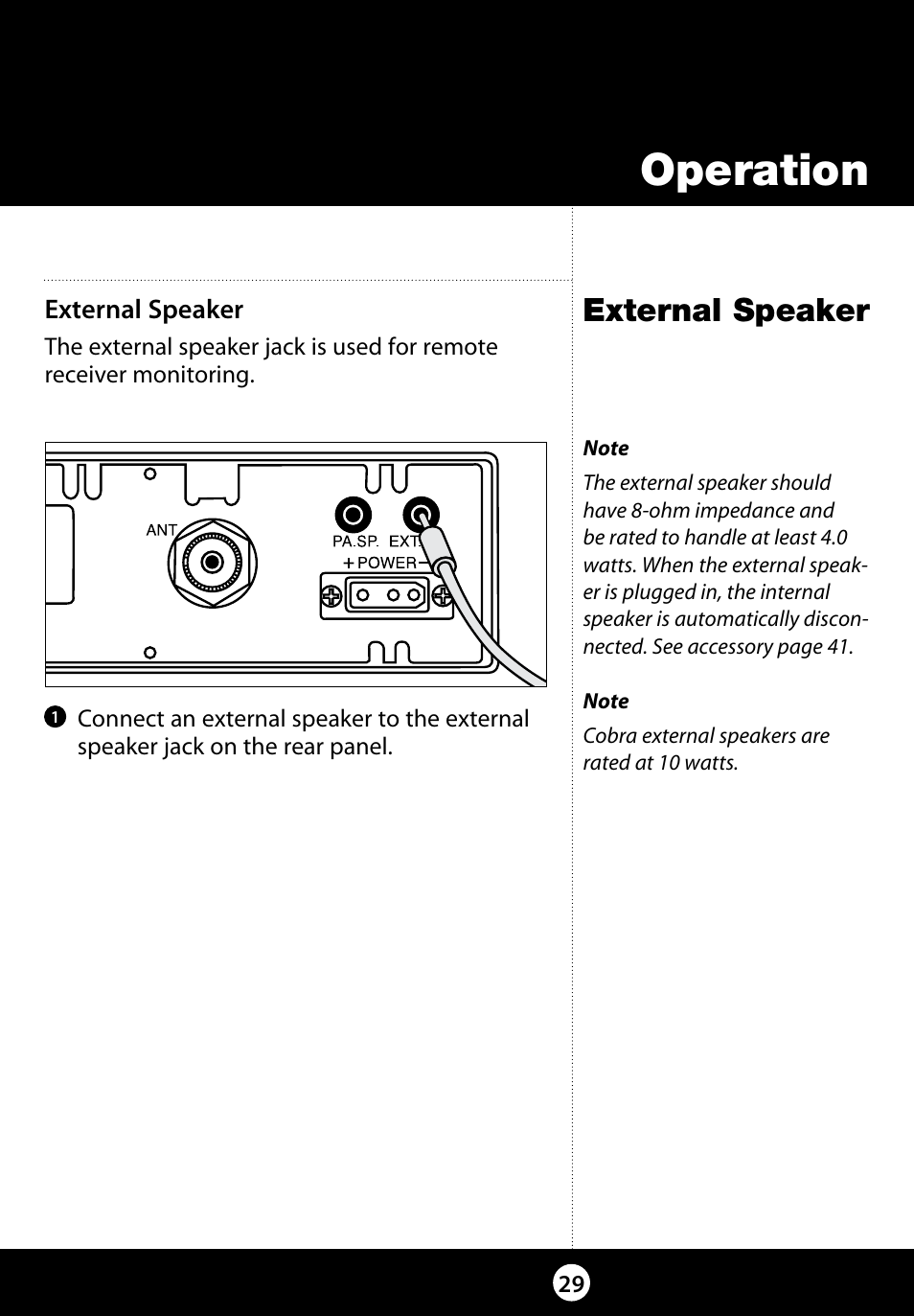 Operation, External speaker | Cobra Electronics 29 LX LE User Manual | Page 29 / 47