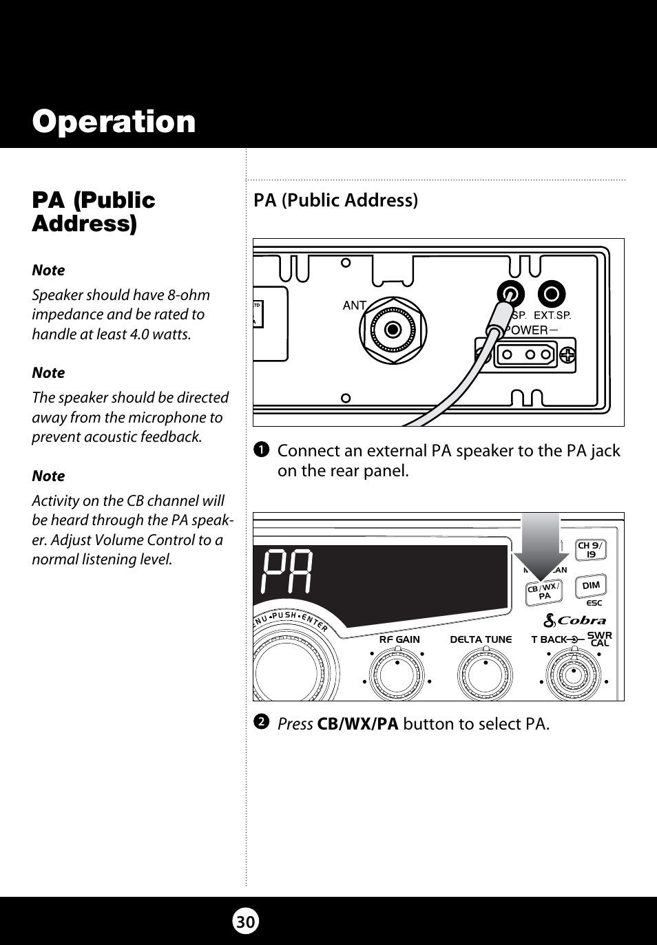 Operation, Pa (public address) | Cobra Electronics 29 LX LE User Manual | Page 30 / 47
