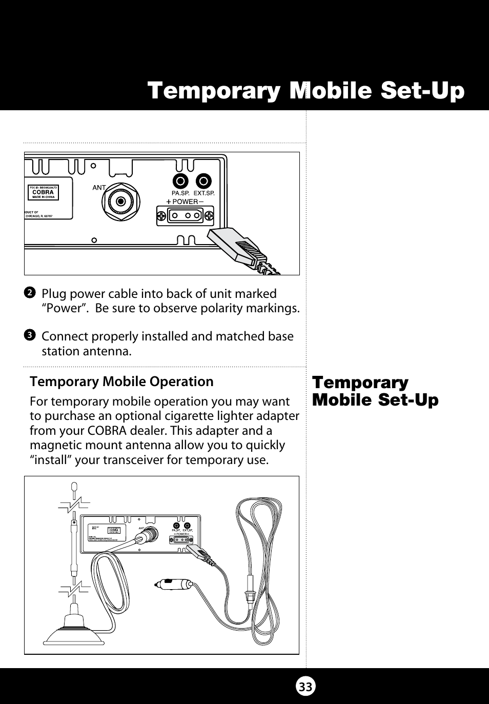 Temporary mobile set-up | Cobra Electronics 29 LX LE User Manual | Page 33 / 47