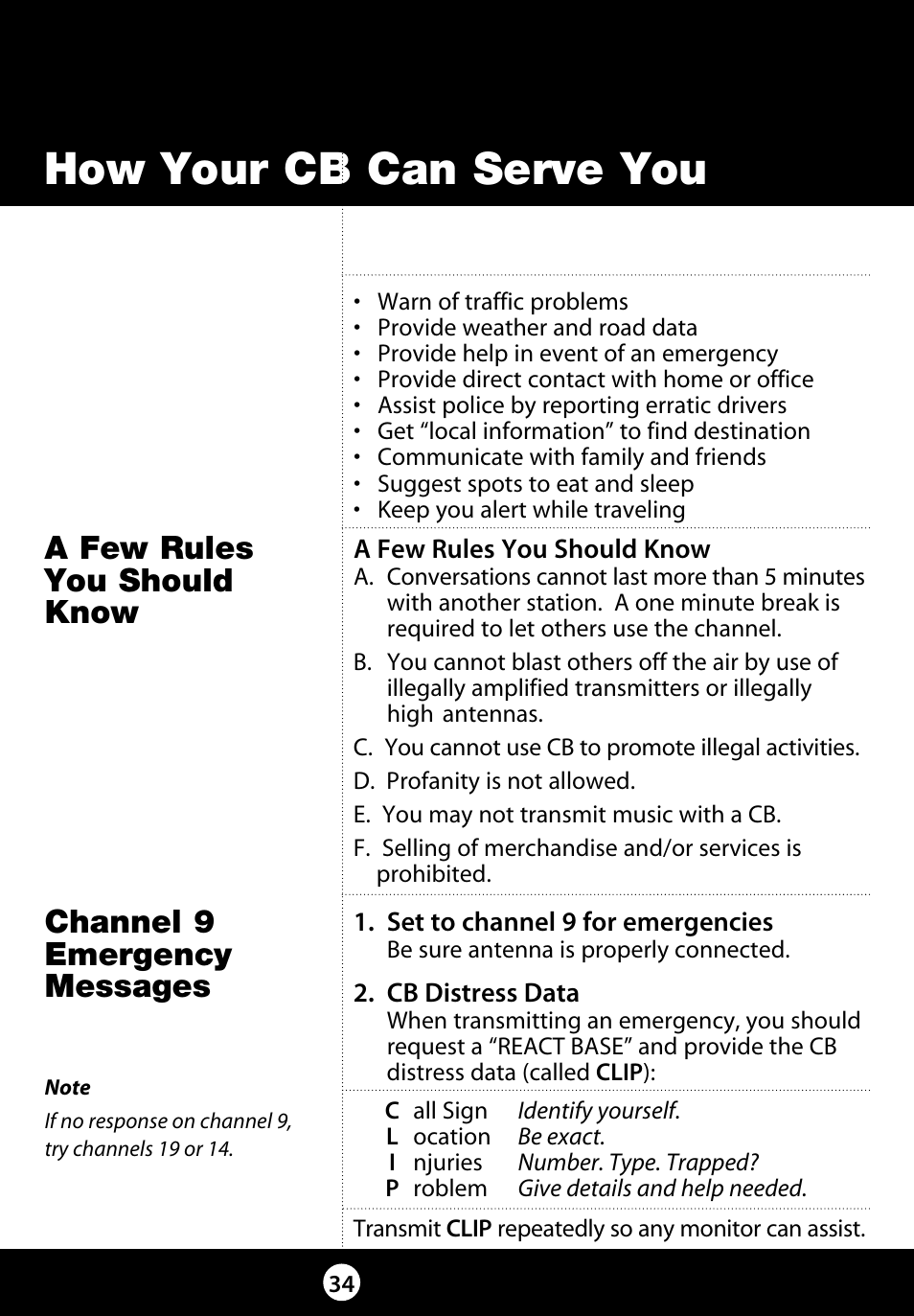 How your cb can serve you, Channel 9 emergency messages, A few rules you should know | Cobra Electronics 29 LX LE User Manual | Page 34 / 47