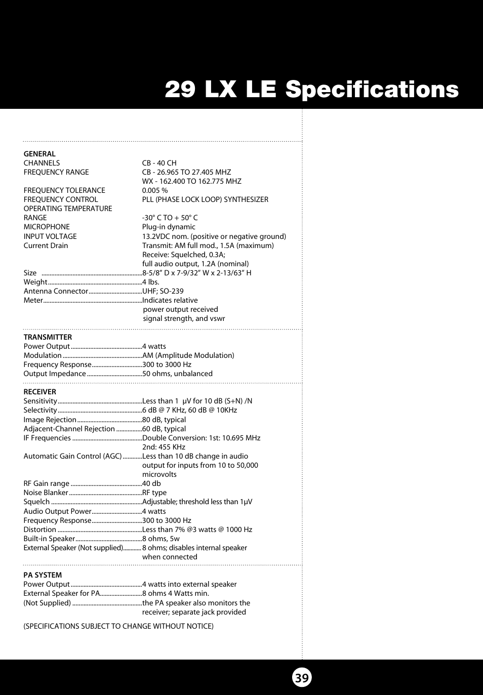 29 lx le specifications | Cobra Electronics 29 LX LE User Manual | Page 39 / 47