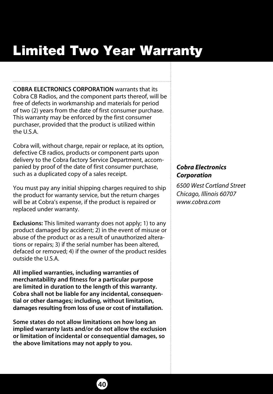 Limited two year warranty | Cobra Electronics 29 LX LE User Manual | Page 40 / 47