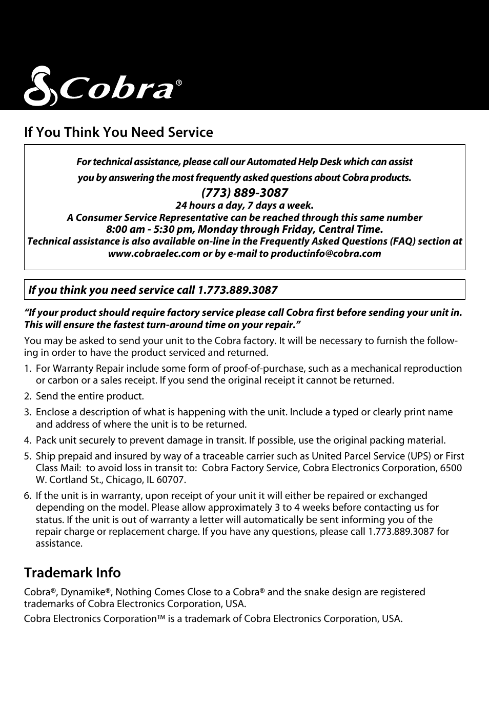 Trademark info, If you think you need service | Cobra Electronics 29 LX LE User Manual | Page 42 / 47
