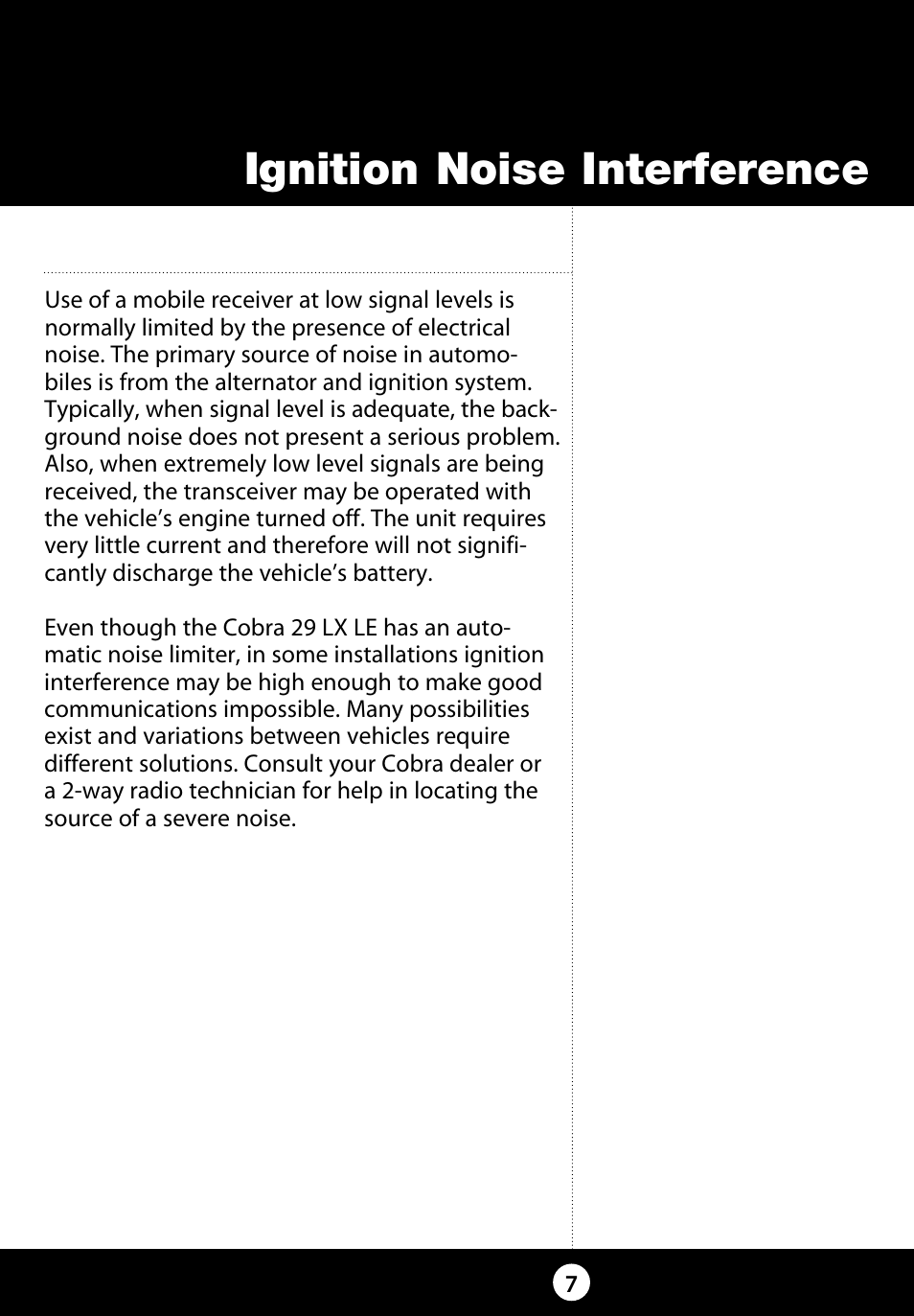 Ignition noise interference | Cobra Electronics 29 LX LE User Manual | Page 7 / 47