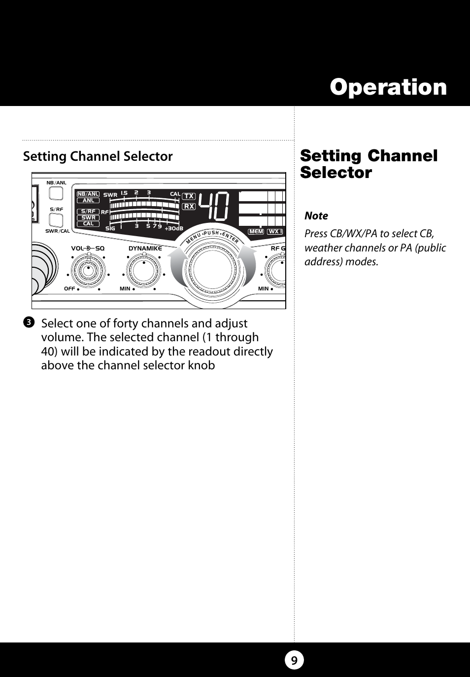 Operation, Setting channel selector | Cobra Electronics 29 LX LE User Manual | Page 9 / 47