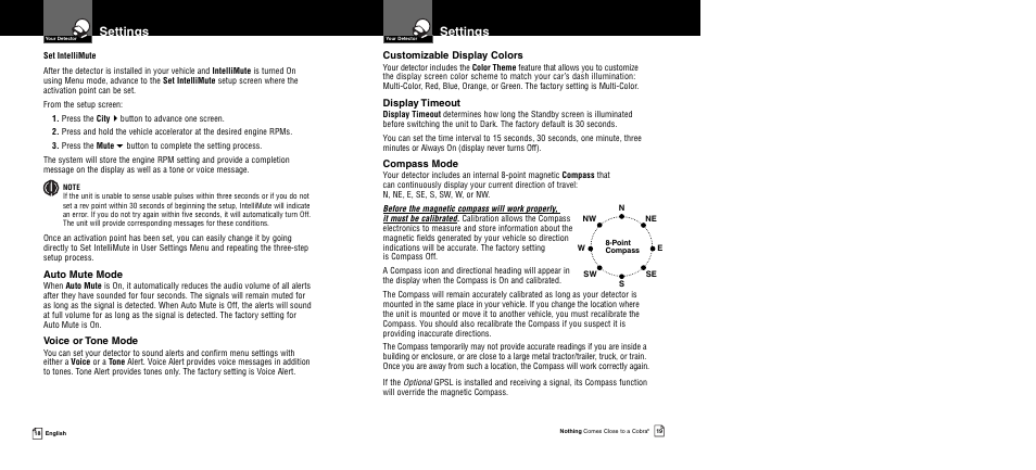 Settings | Cobra Electronics XRS 9950 User Manual | Page 12 / 23