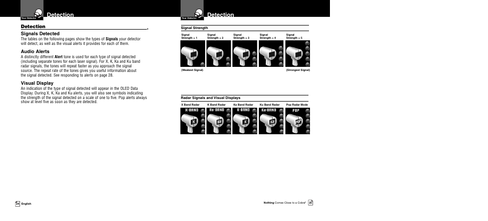 Detection, Signals detected, Audio alerts | Visual display | Cobra Electronics XRS 9950 User Manual | Page 15 / 23