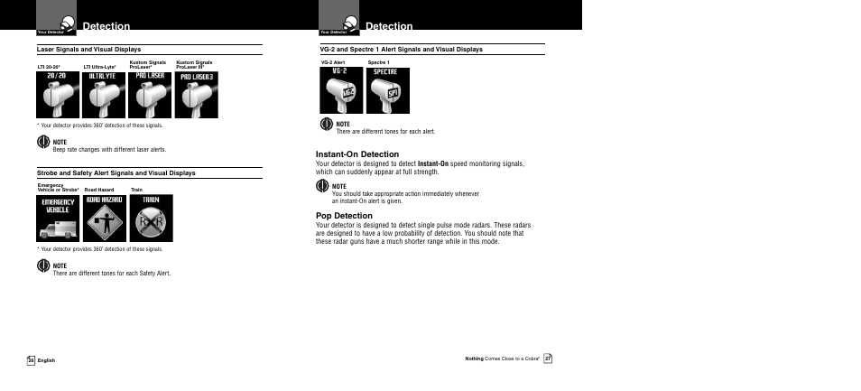 Detection, Instant-on detection, Pop detection | Cobra Electronics XRS 9950 User Manual | Page 16 / 23