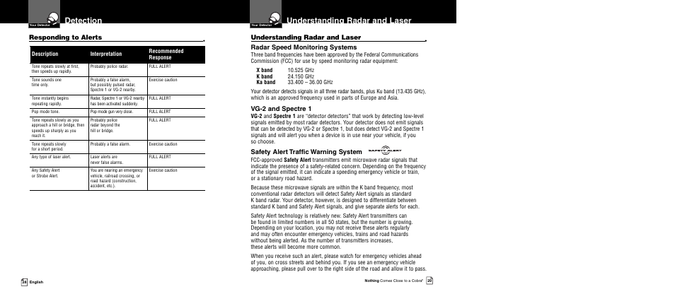 Understanding radar and laser, Detection, Responding to alerts | Radar speed monitoring systems, Vg-2 and spectre 1, Safety alert traffic warning system | Cobra Electronics XRS 9950 User Manual | Page 17 / 23