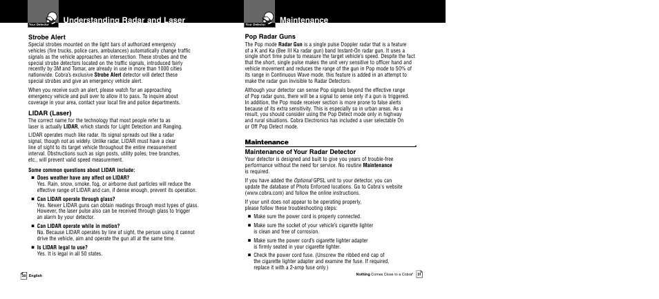 Maintenance, Understanding radar and laser | Cobra Electronics XRS 9950 User Manual | Page 18 / 23