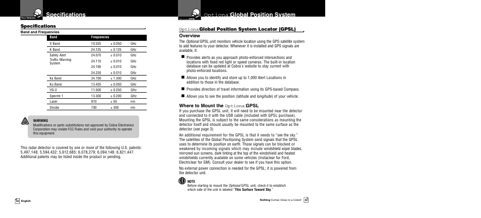 Optional global position system, Specifications, Optional global position system locator (gpsl) | Overview, Where to mount the optional gpsl | Cobra Electronics XRS 9950 User Manual | Page 19 / 23