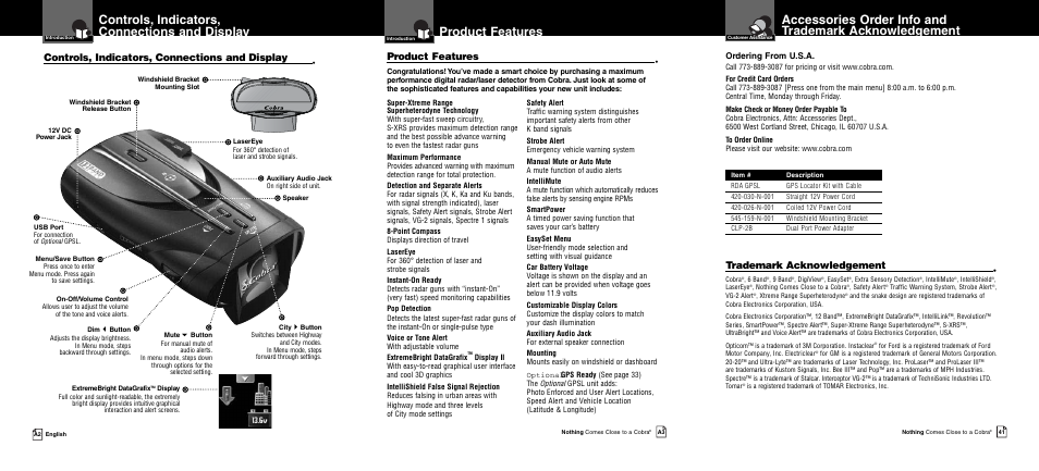 Controls, indicators, connections and display, Product features, Trademark acknowledgement | Ordering from u.s.a | Cobra Electronics XRS 9950 User Manual | Page 2 / 23