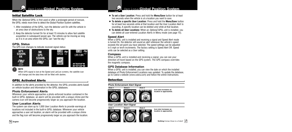 Optional global position system, Detection, Gpsl status | Initial satellite lock, Speed alert, Compass, Gps database information, Gpsl activated alerts, Photo enforcement alerts, User location alerts | Cobra Electronics XRS 9950 User Manual | Page 21 / 23