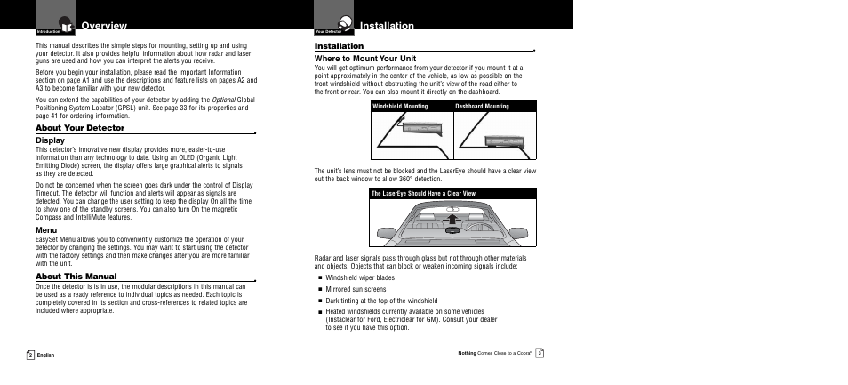 Installation, Overview | Cobra Electronics XRS 9950 User Manual | Page 4 / 23