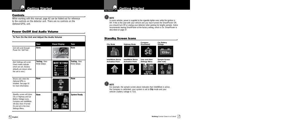 Getting started, Power on/off and audio volume, Controls | Standby screen icons | Cobra Electronics XRS 9950 User Manual | Page 6 / 23
