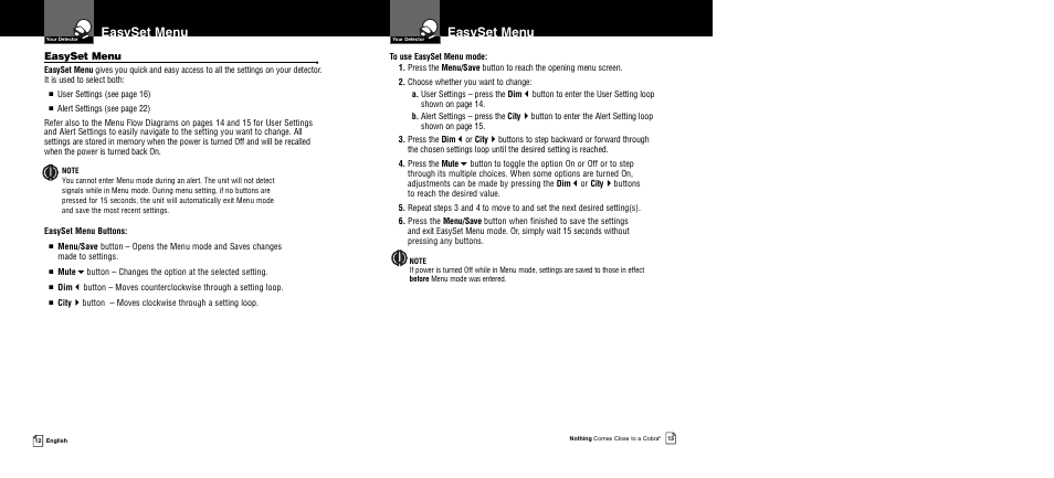 Easyset menu | Cobra Electronics XRS 9950 User Manual | Page 9 / 23