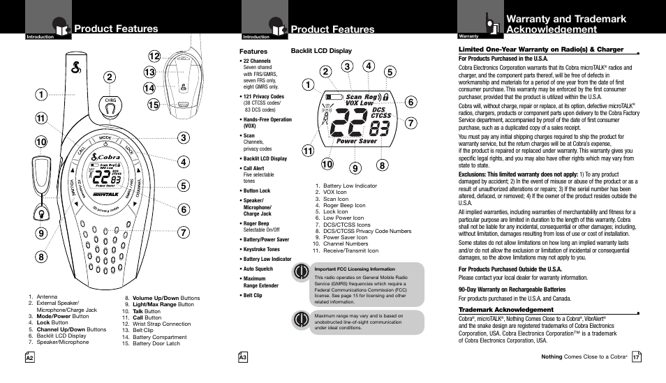 Product features, Warranty and trademark acknowledgement | Cobra Electronics CXT94 User Manual | Page 2 / 11