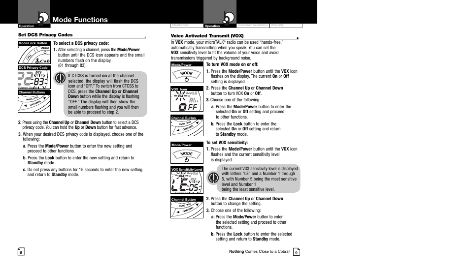 Mode functions | Cobra Electronics CXT94 User Manual | Page 7 / 11